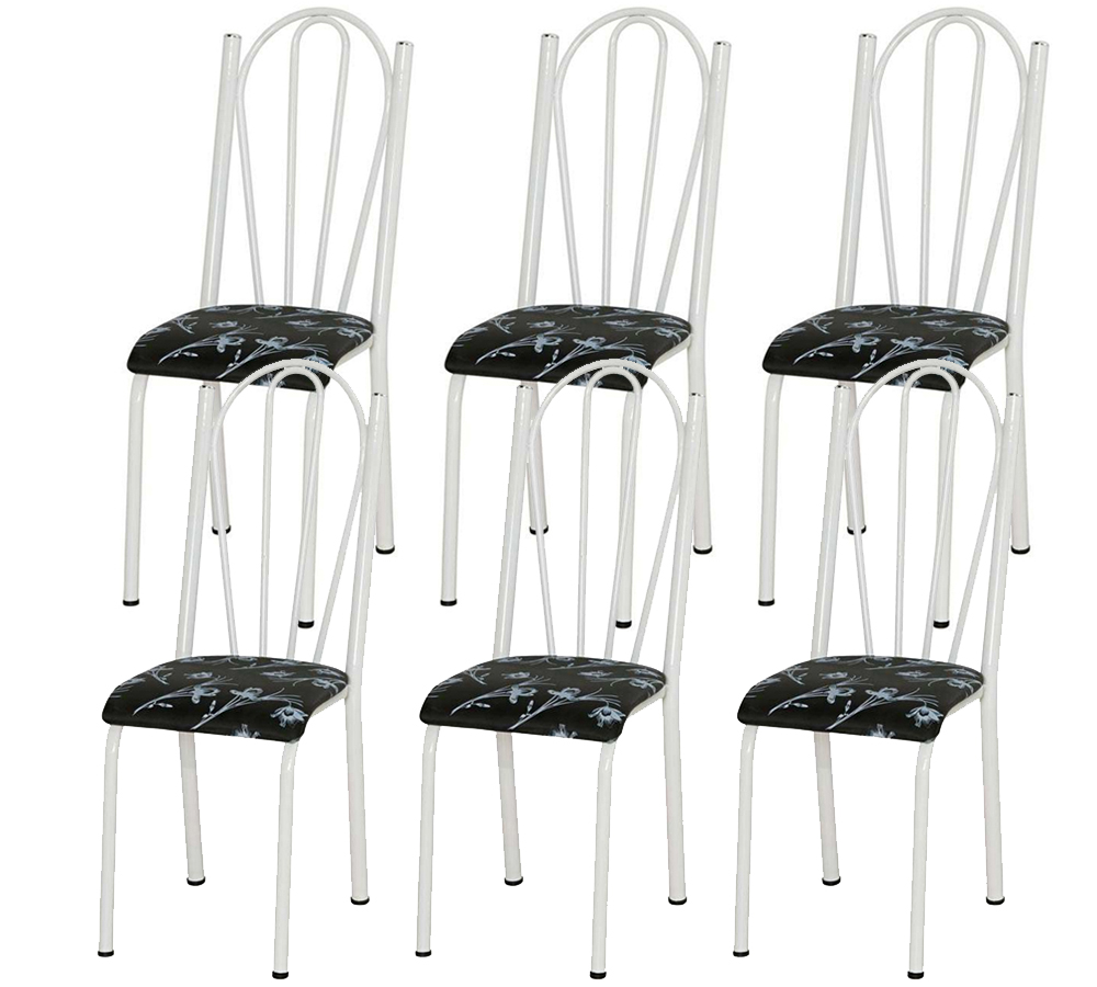 Kit 06 Cadeiras Tubular Branca 021 Assento Preto Florido