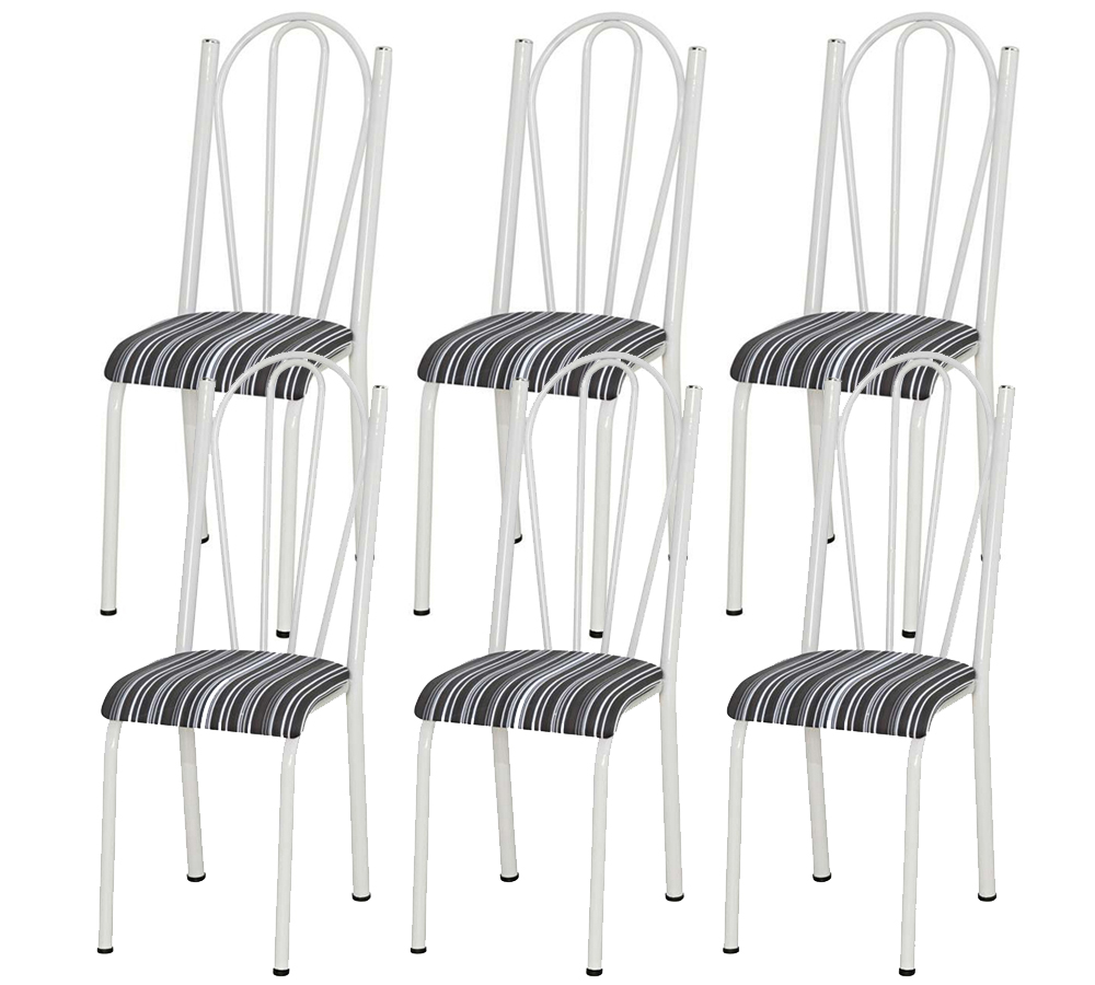 Kit 06 Cadeiras Tubular Branca 021 Assento Preto Listrado