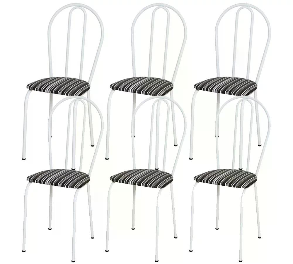 Kit 06 Cadeiras Tubular Branco 004 Assento Preto Listrado