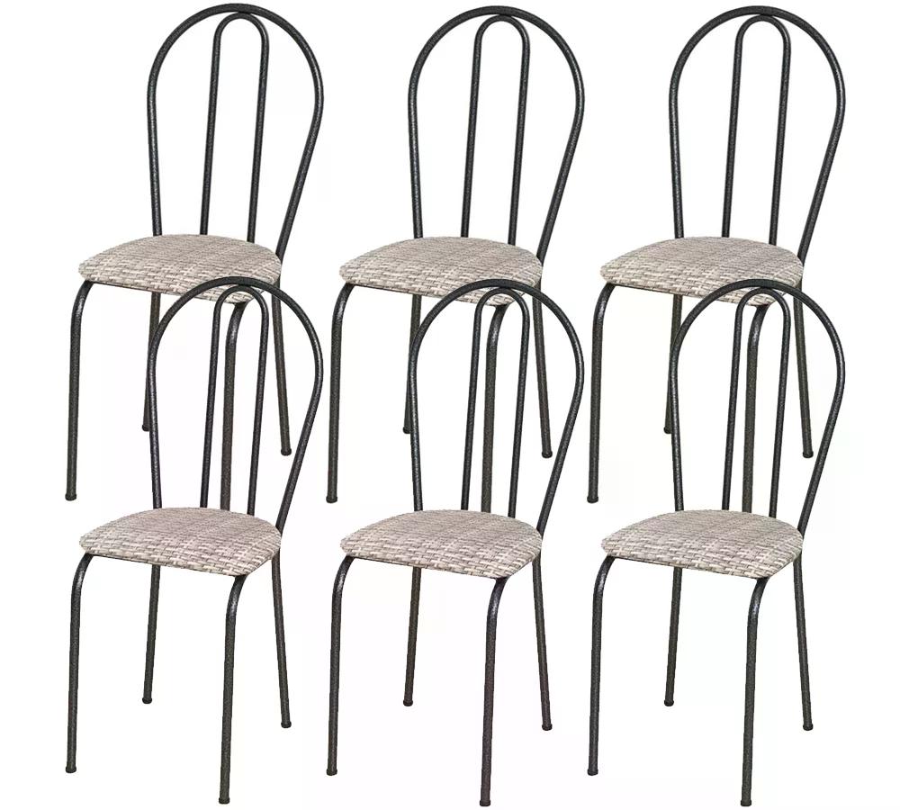 Kit 06 Cadeiras Tubular Cromo Preto 004 Assento Rattan
