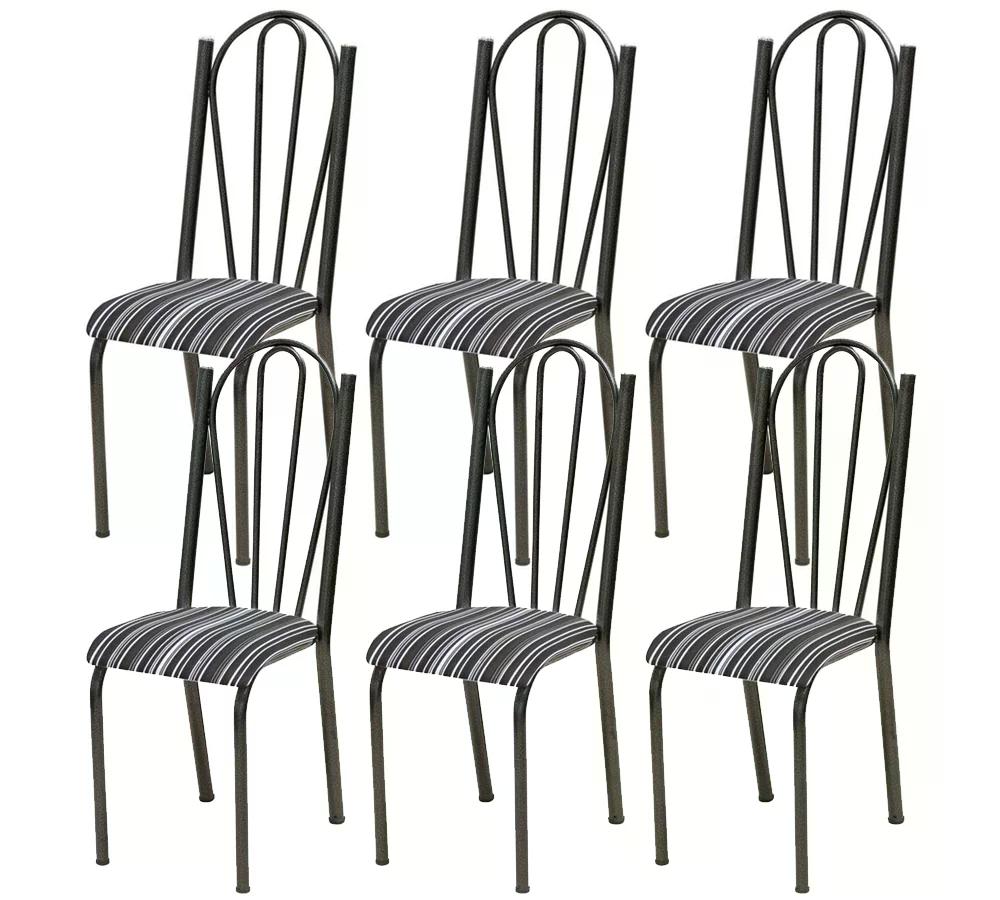 Kit 06 Cadeiras Tubular Cromo Preto 021 Assento Preto Listrado
