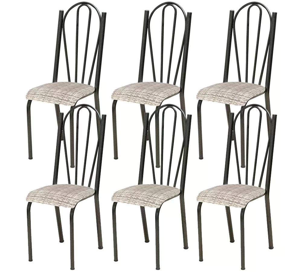 Kit 06 Cadeiras Tubular Cromo Preto 021 Assento Rattan