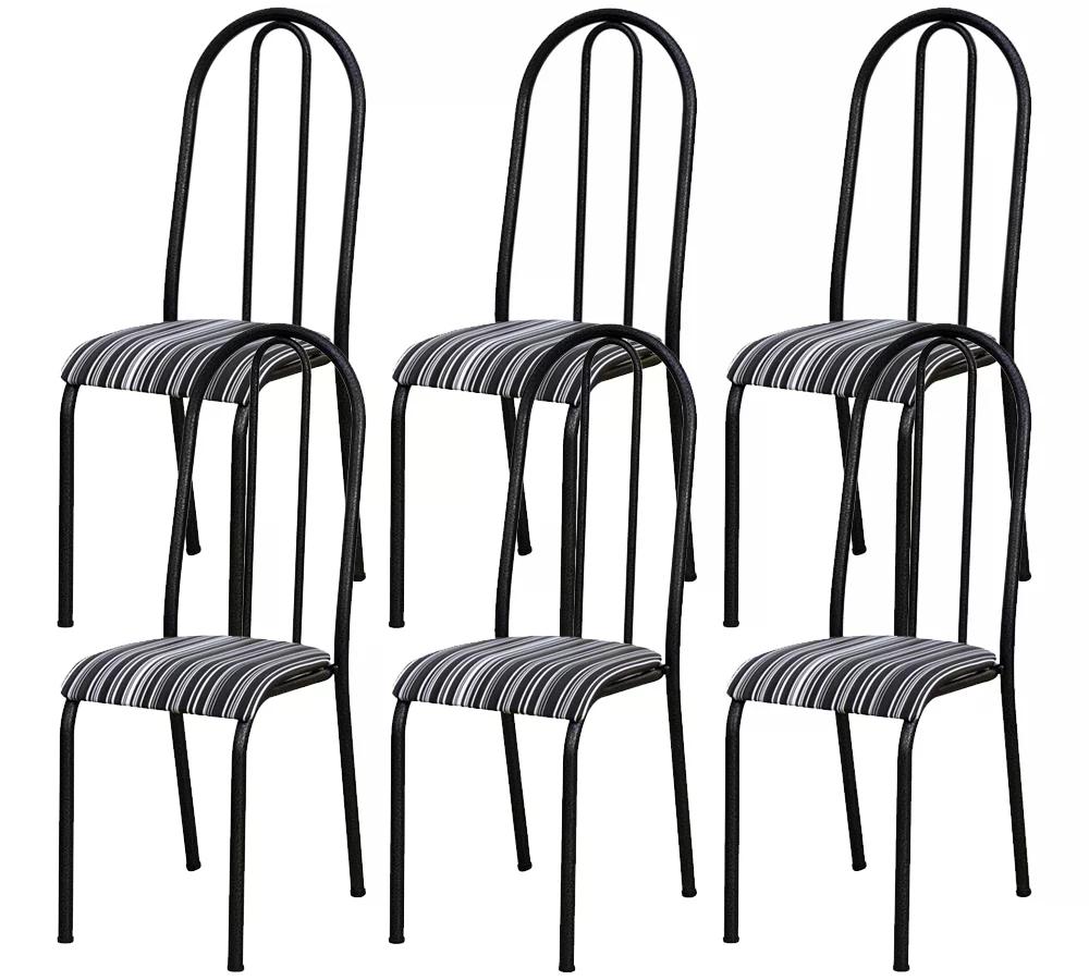 Kit 06 Cadeiras Tubular Cromo Preto 056 Assento Preto Listrado