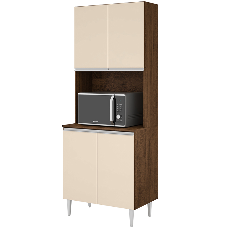 PANELEIRO 4 PORTAS MILLA  COM ESPAÇO PARA FORNO OU MICRONDAS CASTANHO OFF WHITE PUXADOR ALUMINIO
