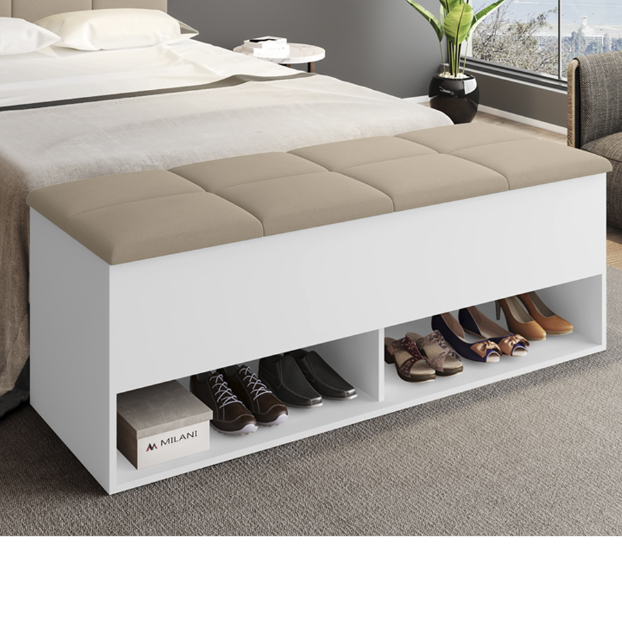 Calçadeira Bau Marry com Sapateira para cama Box de Casal Branco Suede Bege