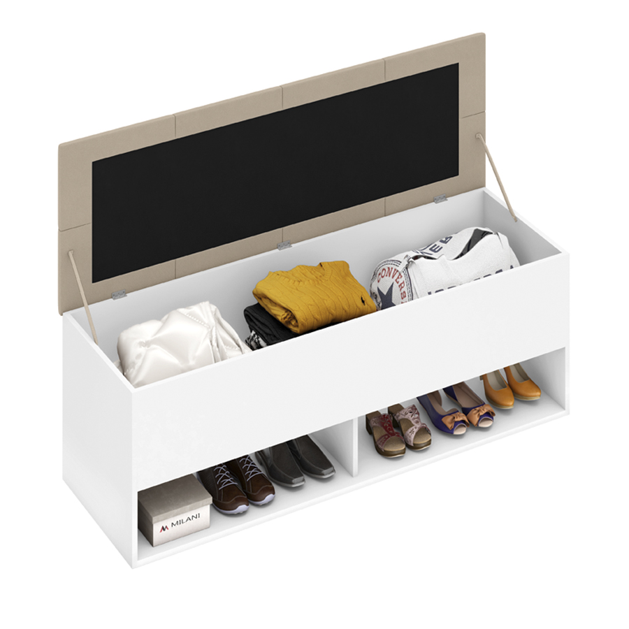 Calçadeira Bau Marry com Sapateira para cama Box de Casal Branco Suede Bege