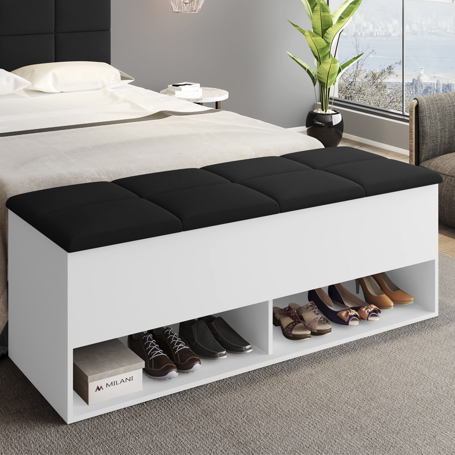 Calçadeira Bau Marry com Sapateira para cama Box de Casal Branco Suede Preto