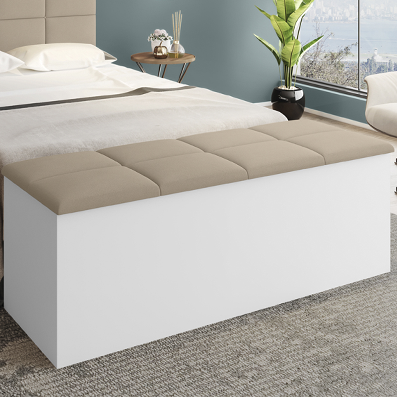Calçadeira Bau Megh para cama Box de Casal Branco Suede Bege