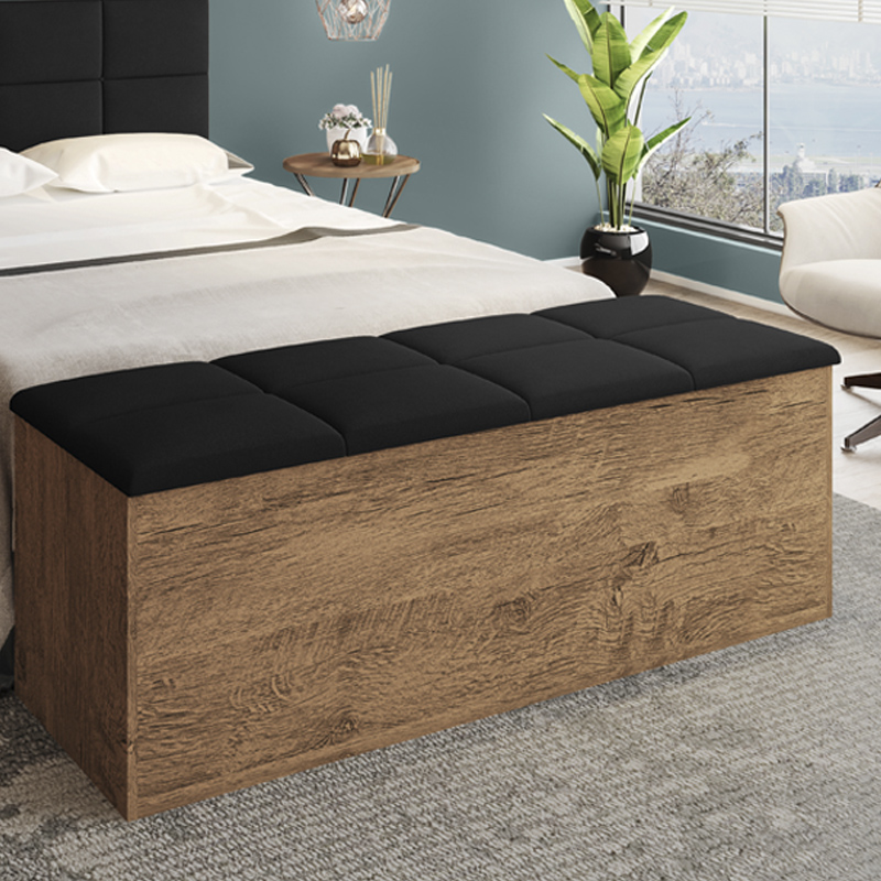 Calçadeira Bau Megh para cama Box de Casal Castanho Suede Preto