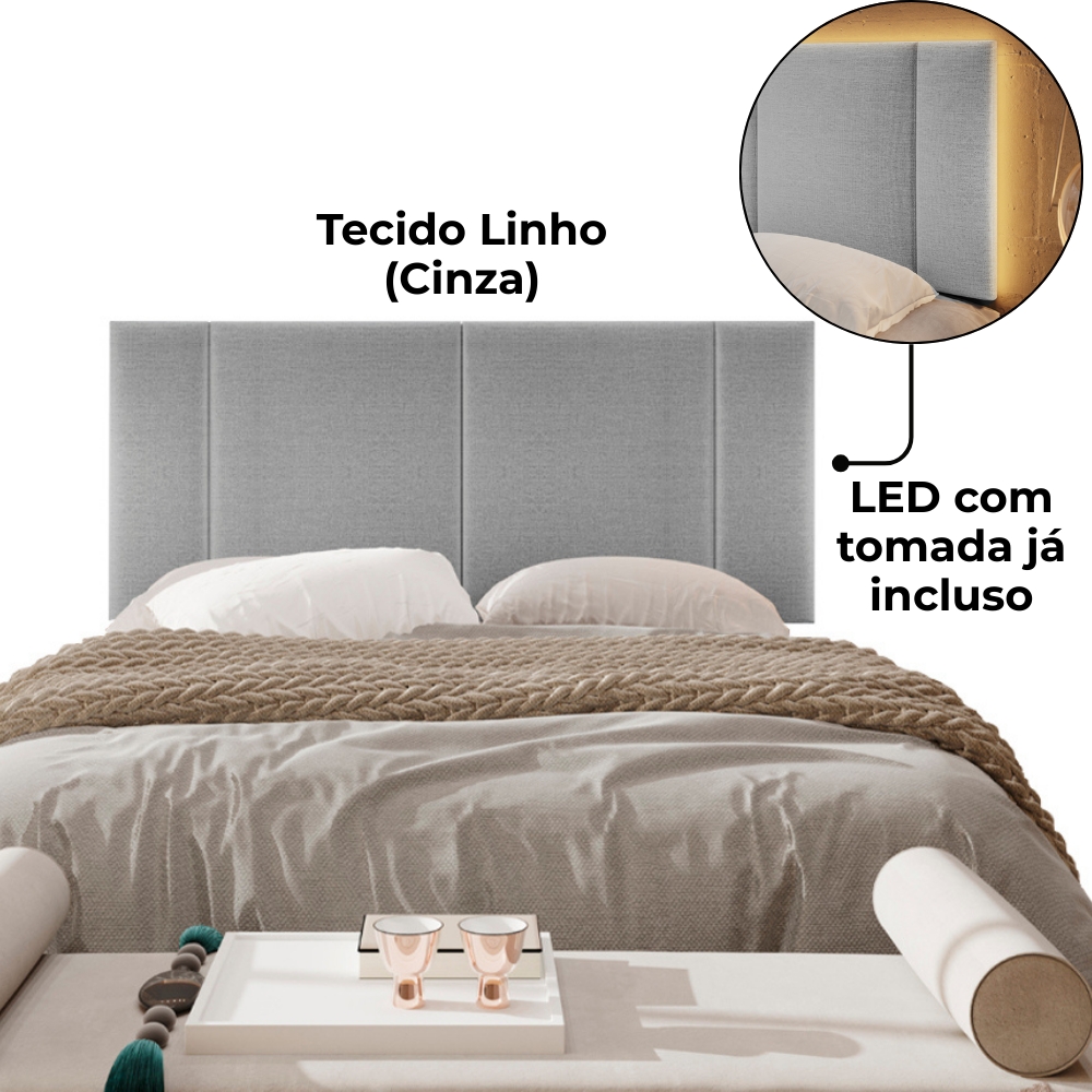  Cabeceira Modulada Casal 140 cm Com Led Linho Cinza Milani Store