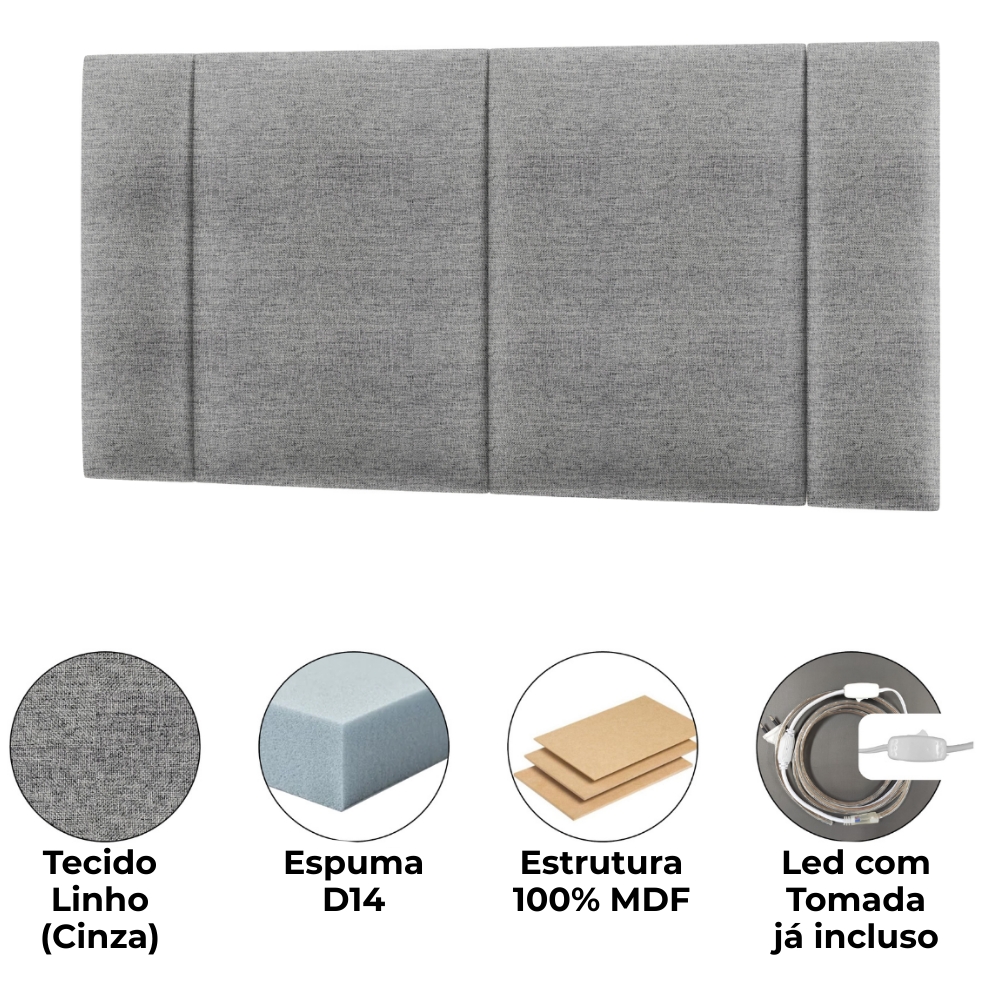  Cabeceira Modulada Casal 140 cm Com Led Linho Cinza Milani Store