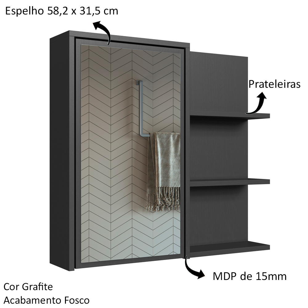 Armário Espelheira 70 cm 1 Porta 3 Nichos ES2001 Grafite FAEM