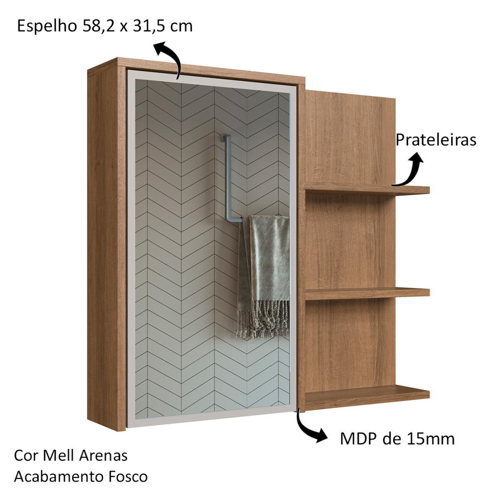 Armário Espelheira 70 cm 1 Porta 3 Nichos ES2001 Mell Arenas FAEM