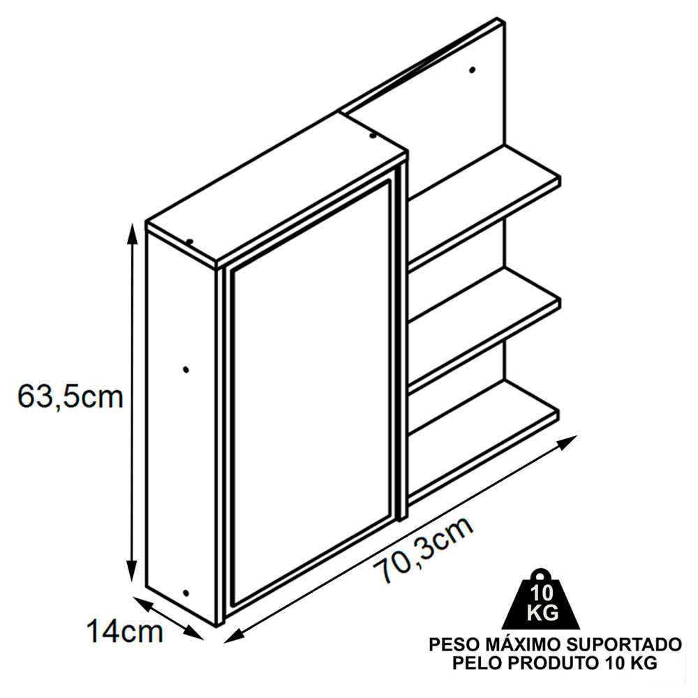 Armário Espelheira 70 cm 1 Porta 3 Nichos ES2001 Mell Arenas FAEM