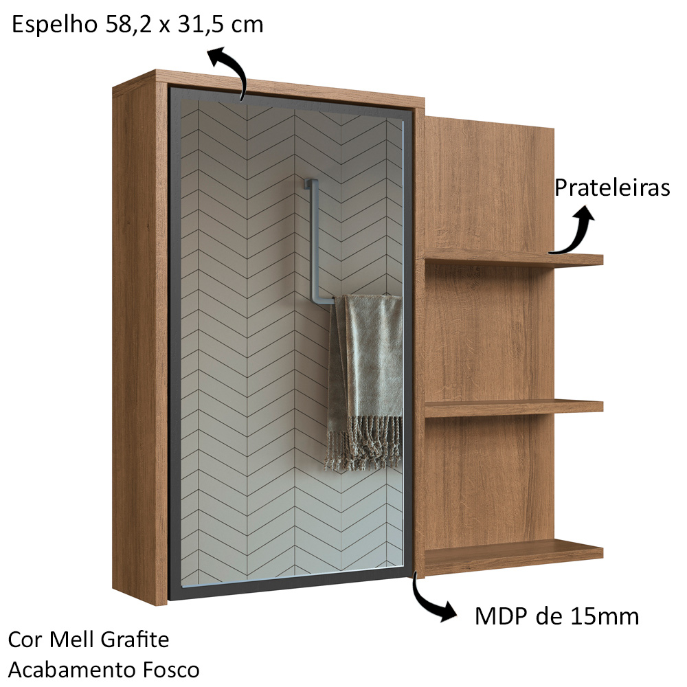 Armário Espelheira 70 cm 1 Porta 3 Nichos ES2001 Mell Grafite FAEM