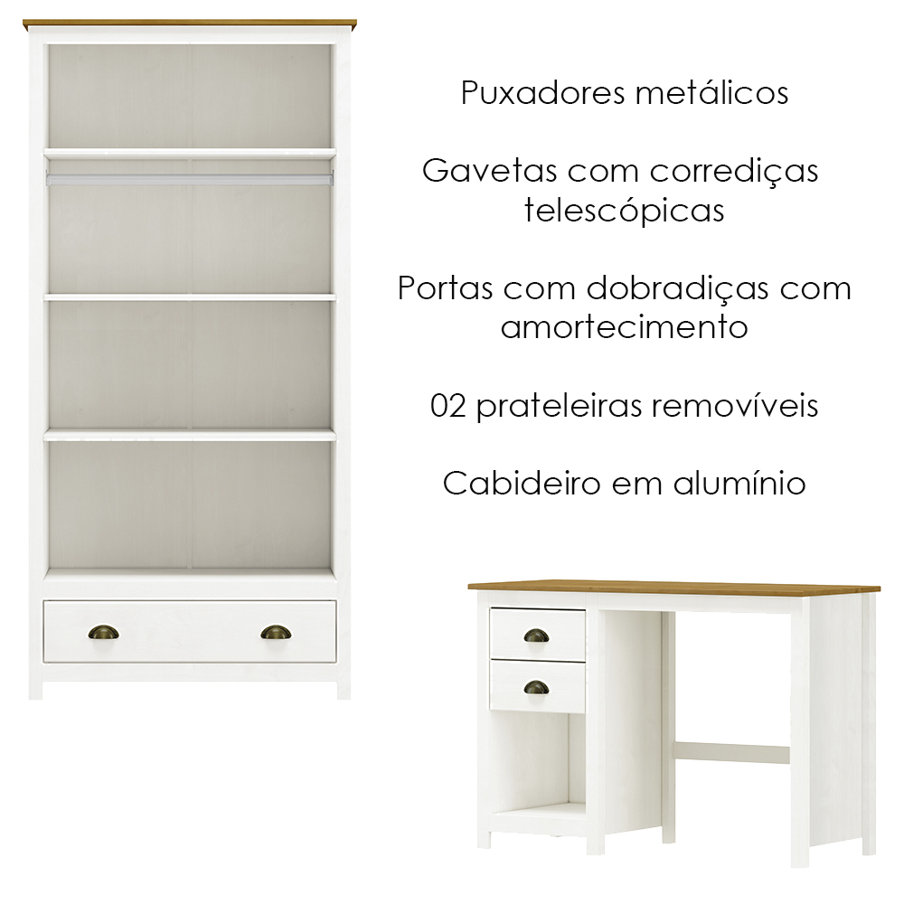 Armario 2 PT Mesa Escrivaninha 2 GV Madeira Maciça Branco Freijo Milani Store