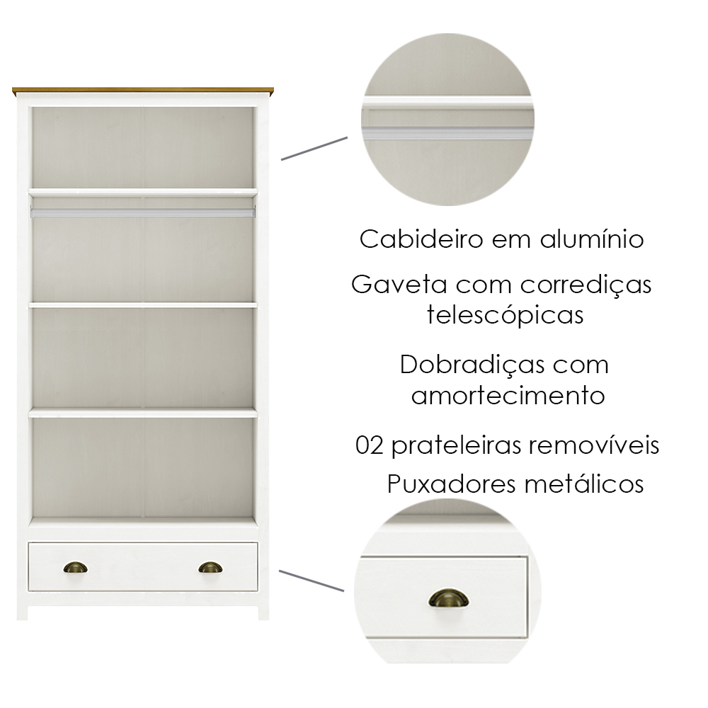 Armario 2 Pt 1 Gv Madeira Maciça 91 cm 9103 Branco Freijo Milani Store