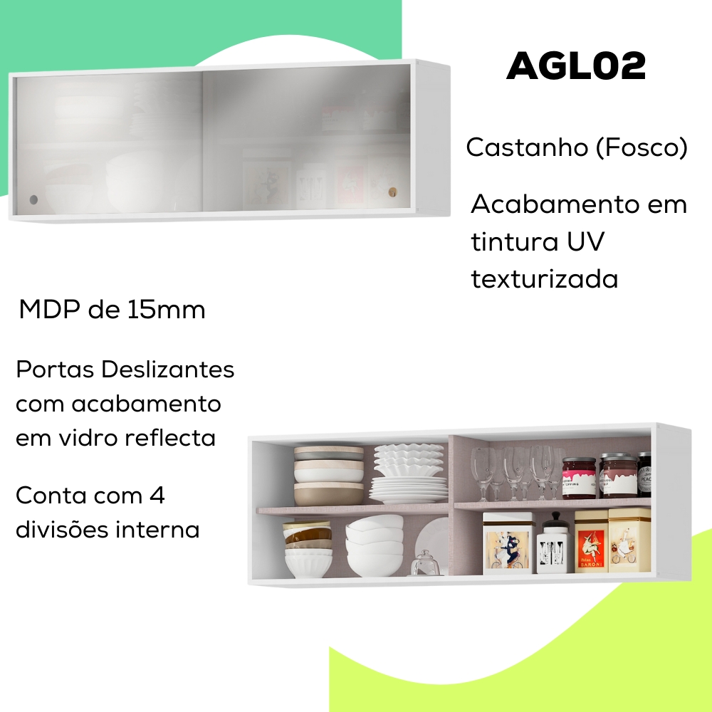 Armario Aereo 120 cm 2 Portas Vidro GLOR AGL02 Branco Neve MXM