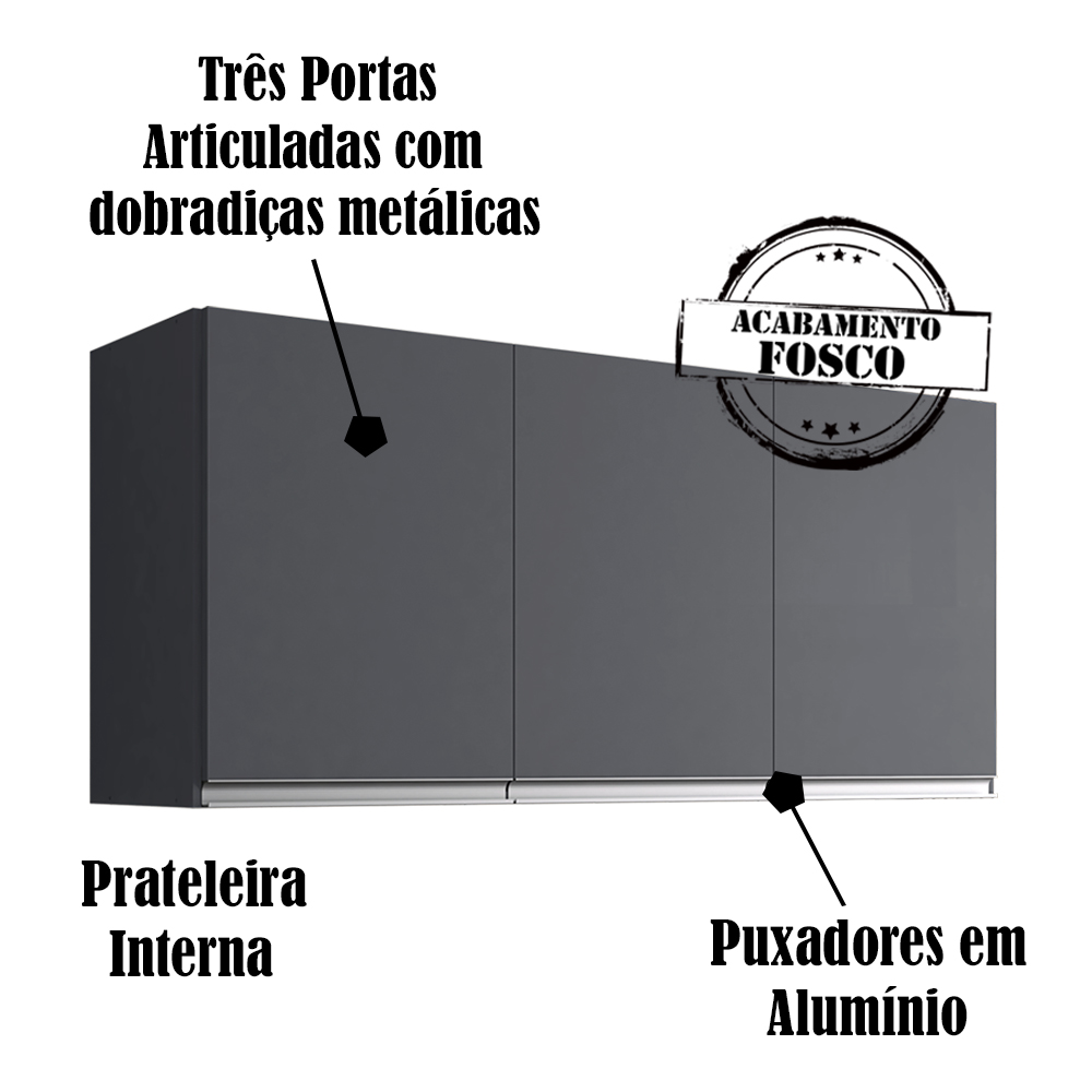 Armario Aereo 120 cm 3 Portas Andreia Cinza REAJL