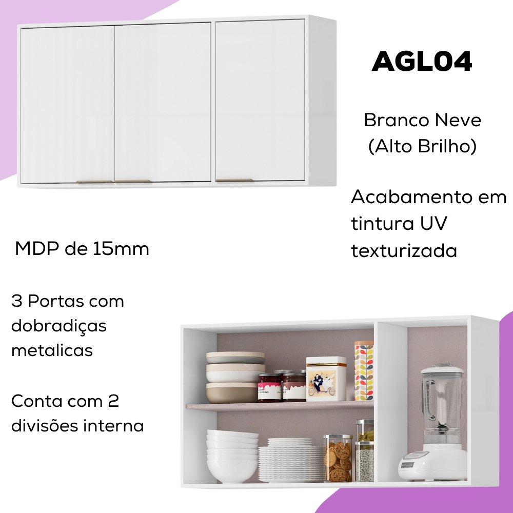 Armario Aereo 120 cm MDP 3 Portas GLOR AGL04 Branco Neve MXM