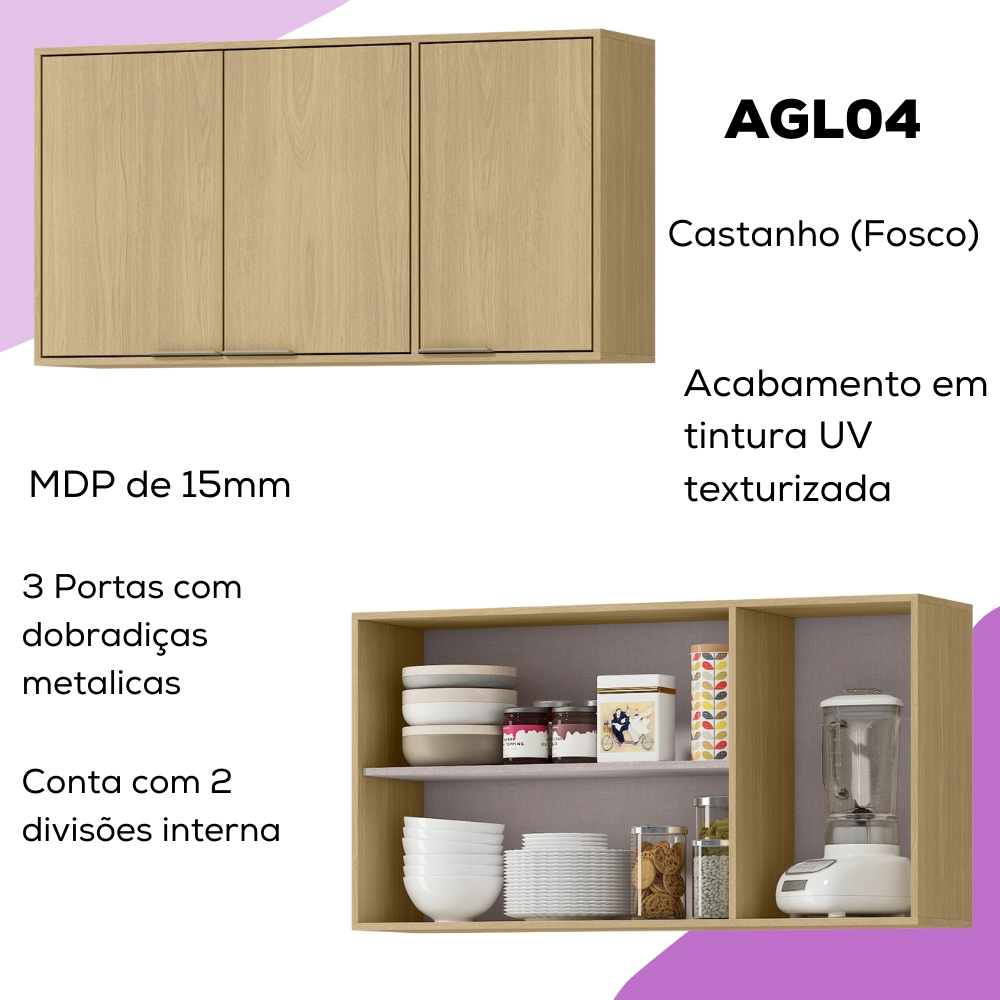 Armario Aereo 120 cm MDP 3 Portas GLOR AGL04 Castanho MXM