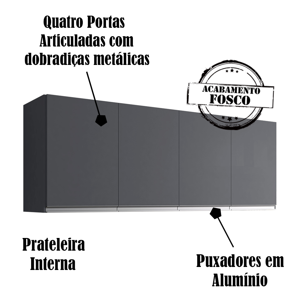 Armario Aereo 160 cm 4 Portas Andreia Cinza REAJL