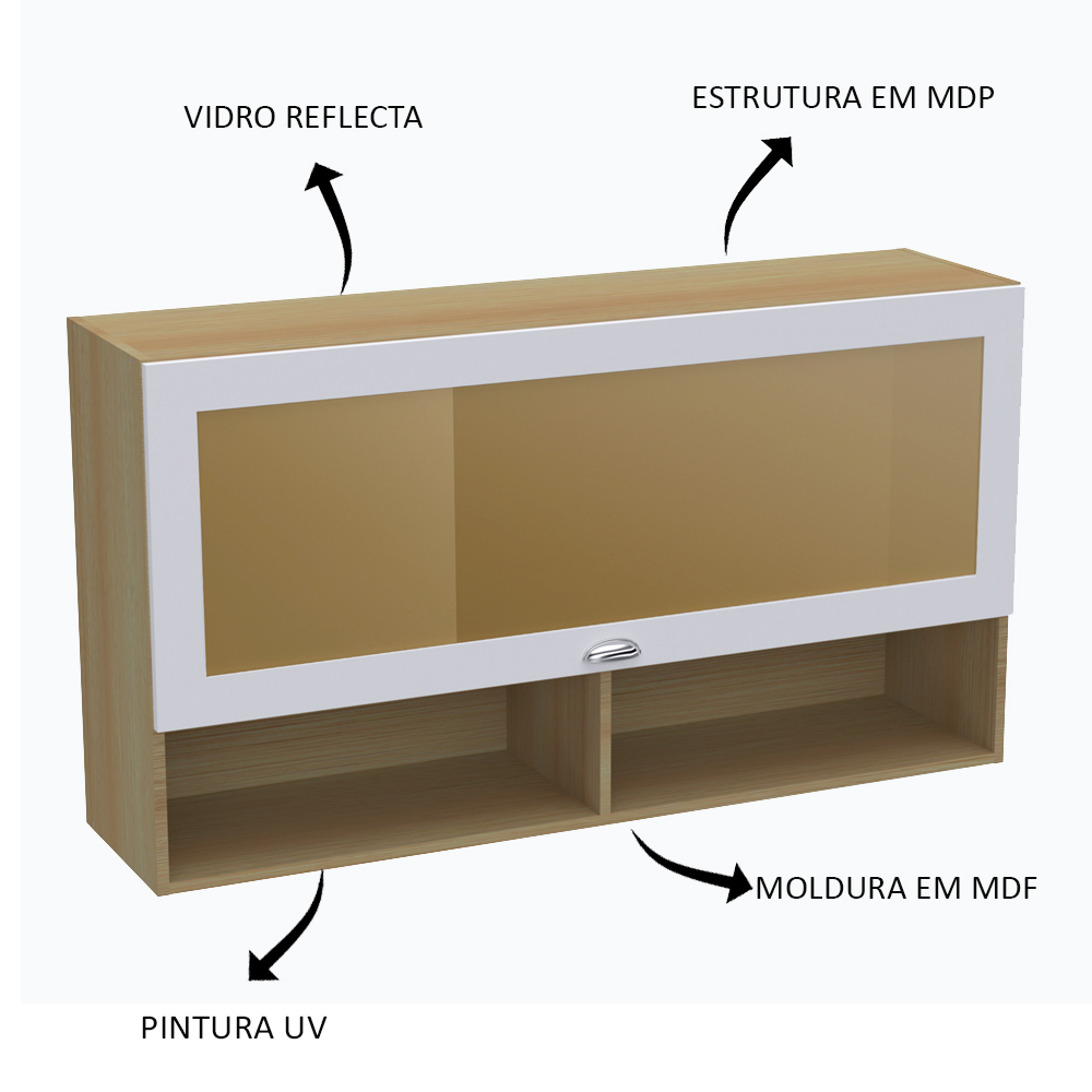 Armario Aereo Basculante 1 Porta Vidro 120 cm CD682 Branco Dtall