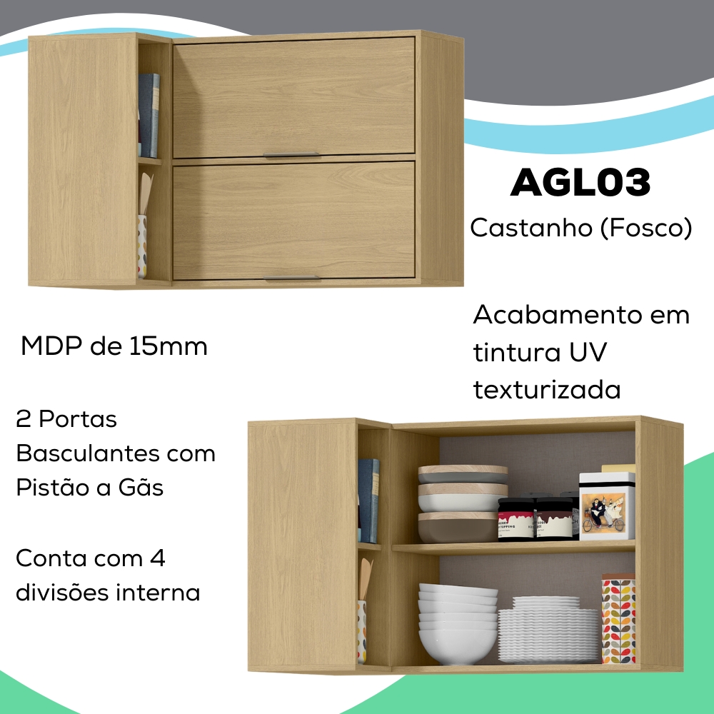 Armario Aereo Canto Reto 98 cm MDP GLOR AGL03 Castanho MXM