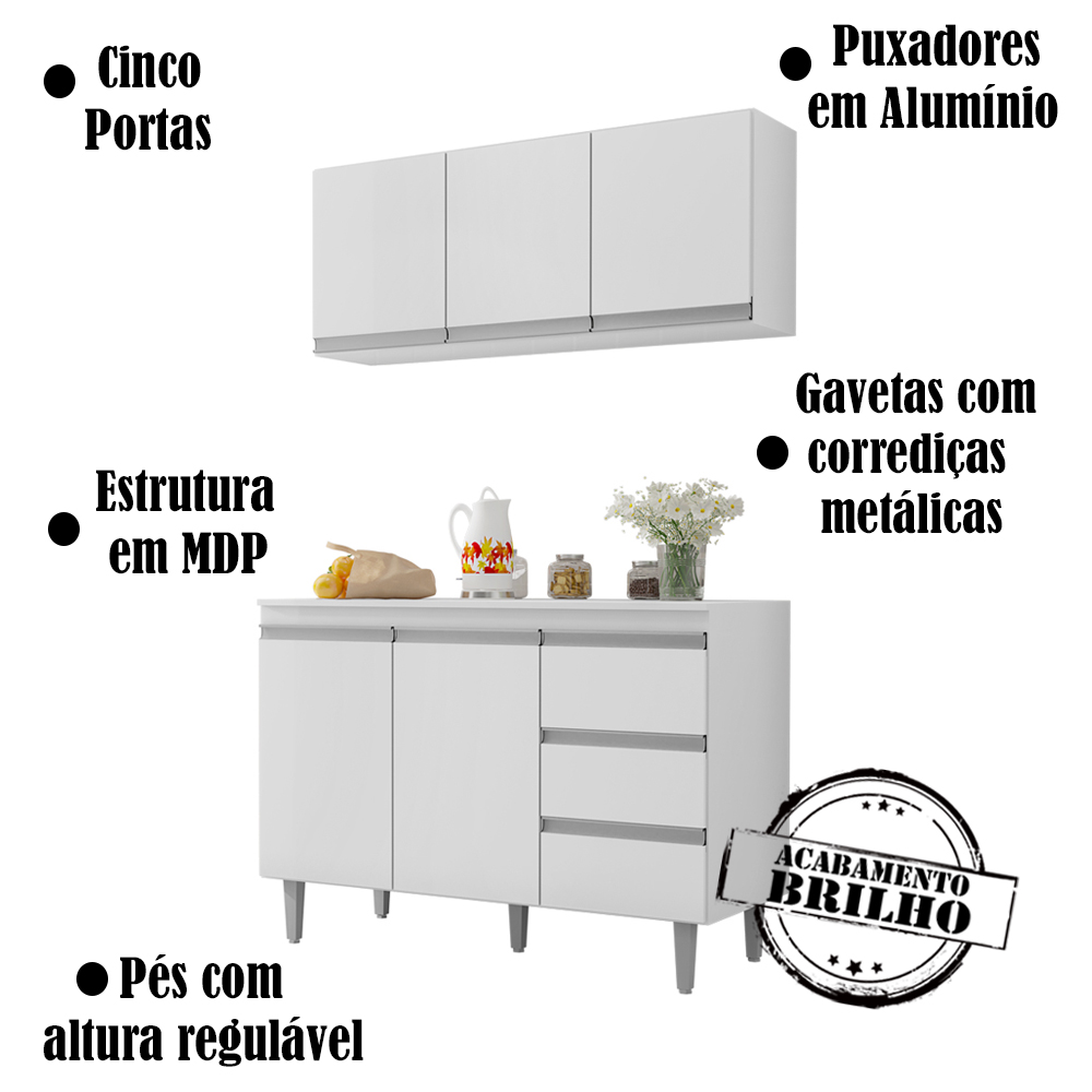 Armario Aereo E Balcao Com Tampo 120 cm Andreia Branco REAJL