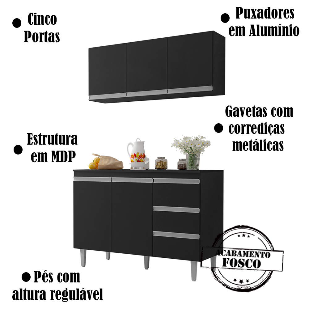 Armario Aereo E Balcao Com Tampo 120 cm Andreia Preto REAJL