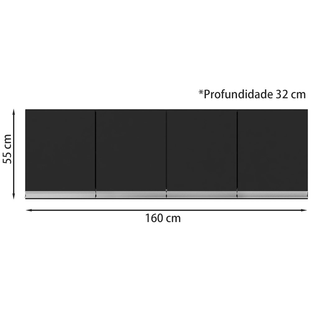 Armario Aereo E Balcao Com Tampo 160 cm Andreia Preto REAJL