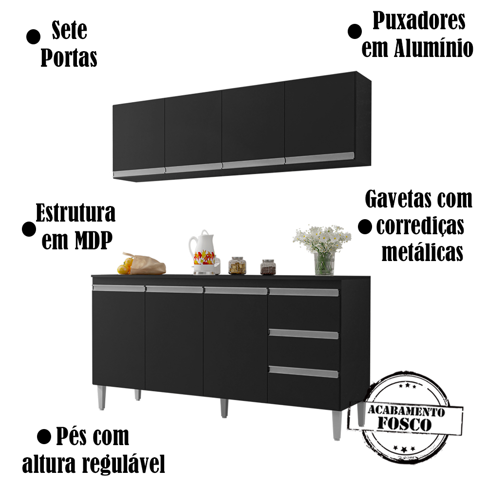 Armario Aereo E Balcao Com Tampo 160 cm Andreia Preto REAJL