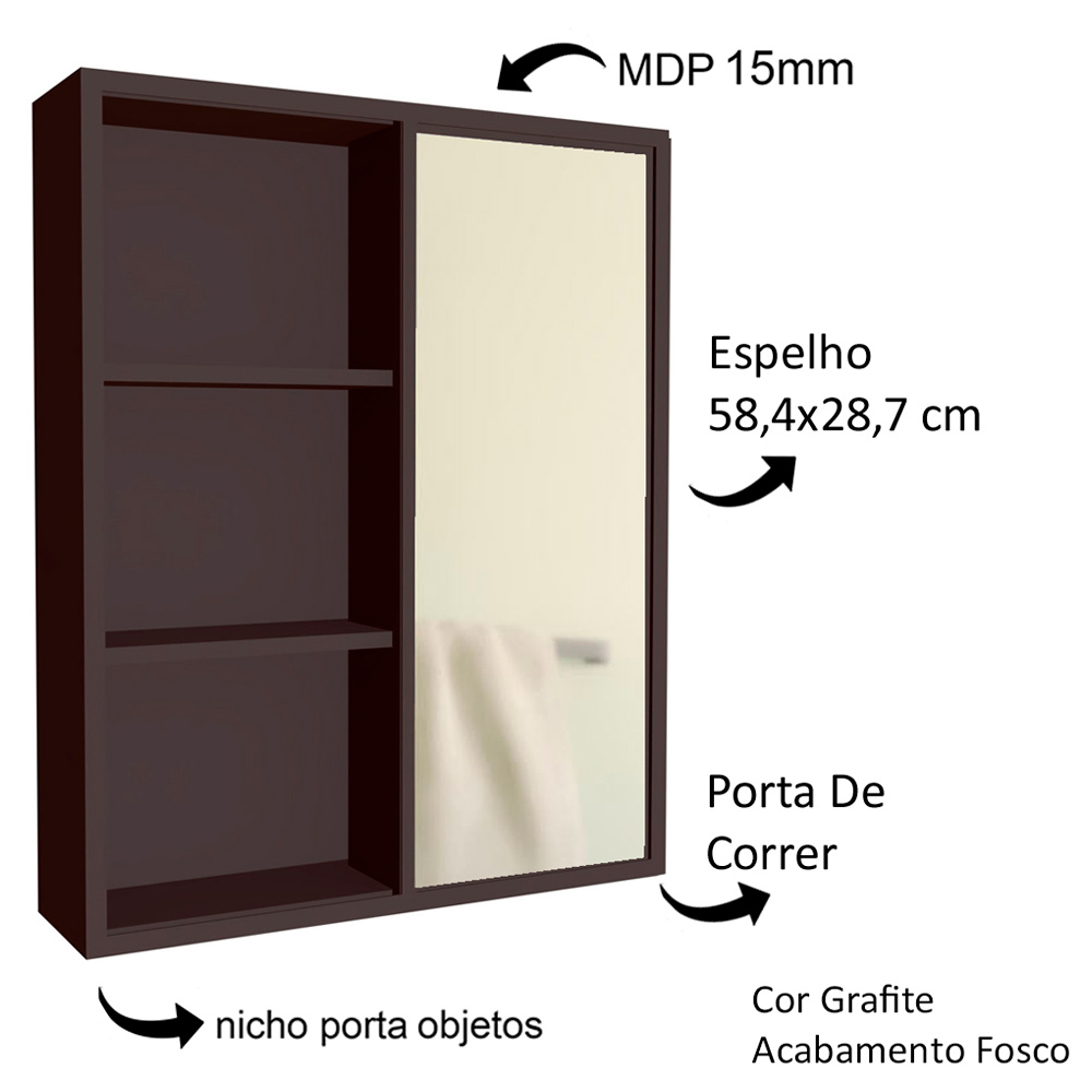 Armario Espelheira 1 Porta Correr 60 cm ES7250 Grafite FAEM