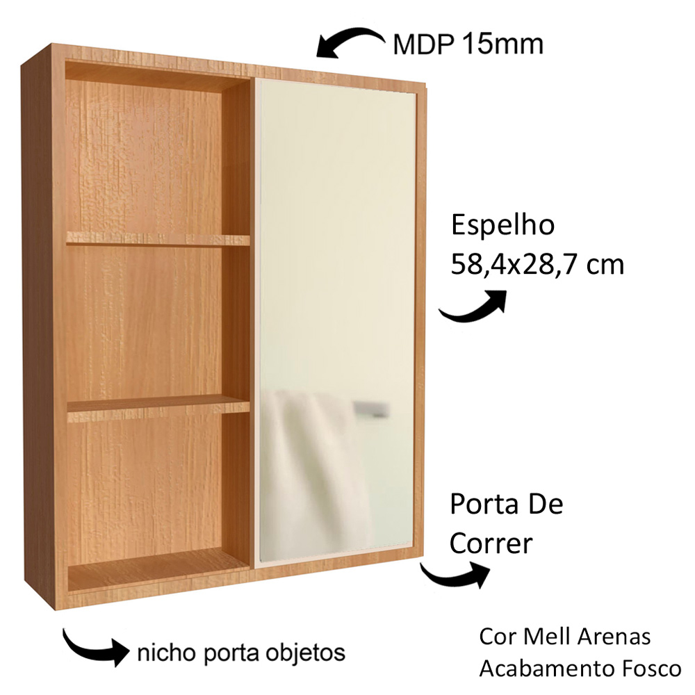 Armario Espelheira 1 Porta Correr 60 cm ES7250 Mell Arenas FAEM