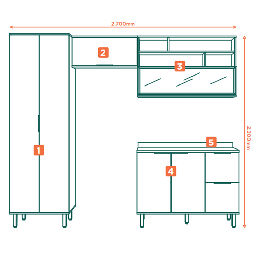 Armarios Lavanderia 4 Modulos MDF 270 cm Tosc Freijo Jade MXM