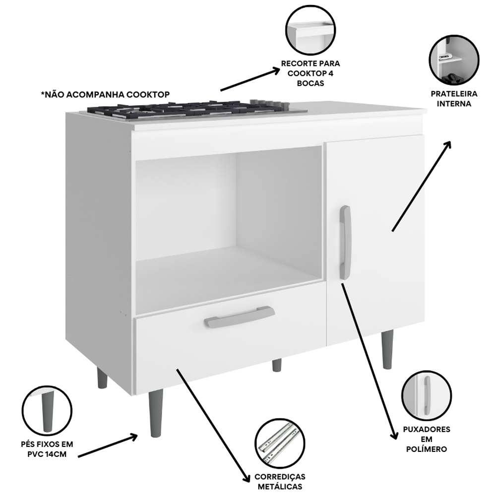 Balcão Para Cooktop 1 Porta 1 Gaveta 105 cm Alec Branco PLN