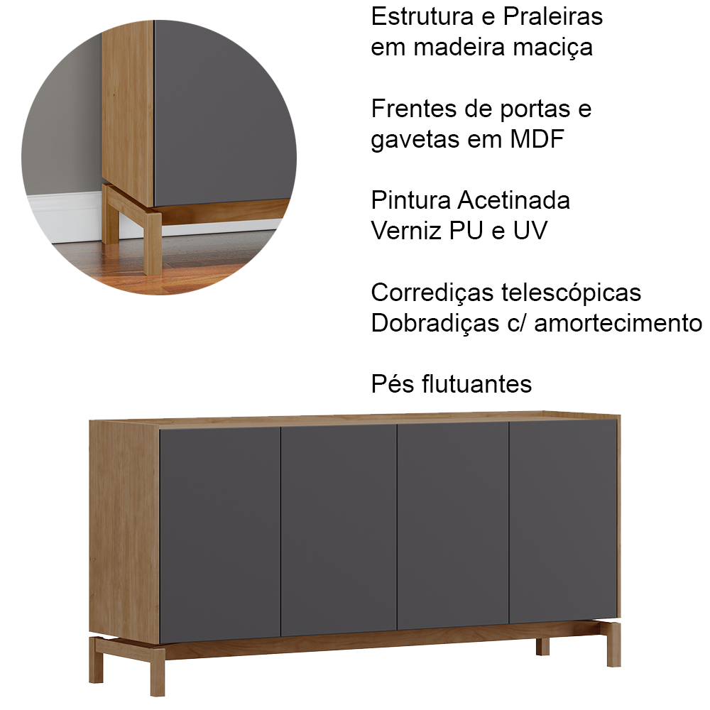 Balcao Buffet 4 Portas 1 Gaveta 165 cm 2155 Tauari Concret Milani Store