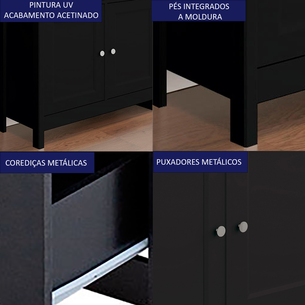 Balcao Buffet 4 Portas 4 Gavetas 154 cm R626 Preto Dtall