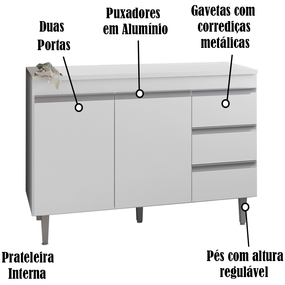 Balcao Com Tampo 120 cm 2 Portas Andreia Branco REAJL