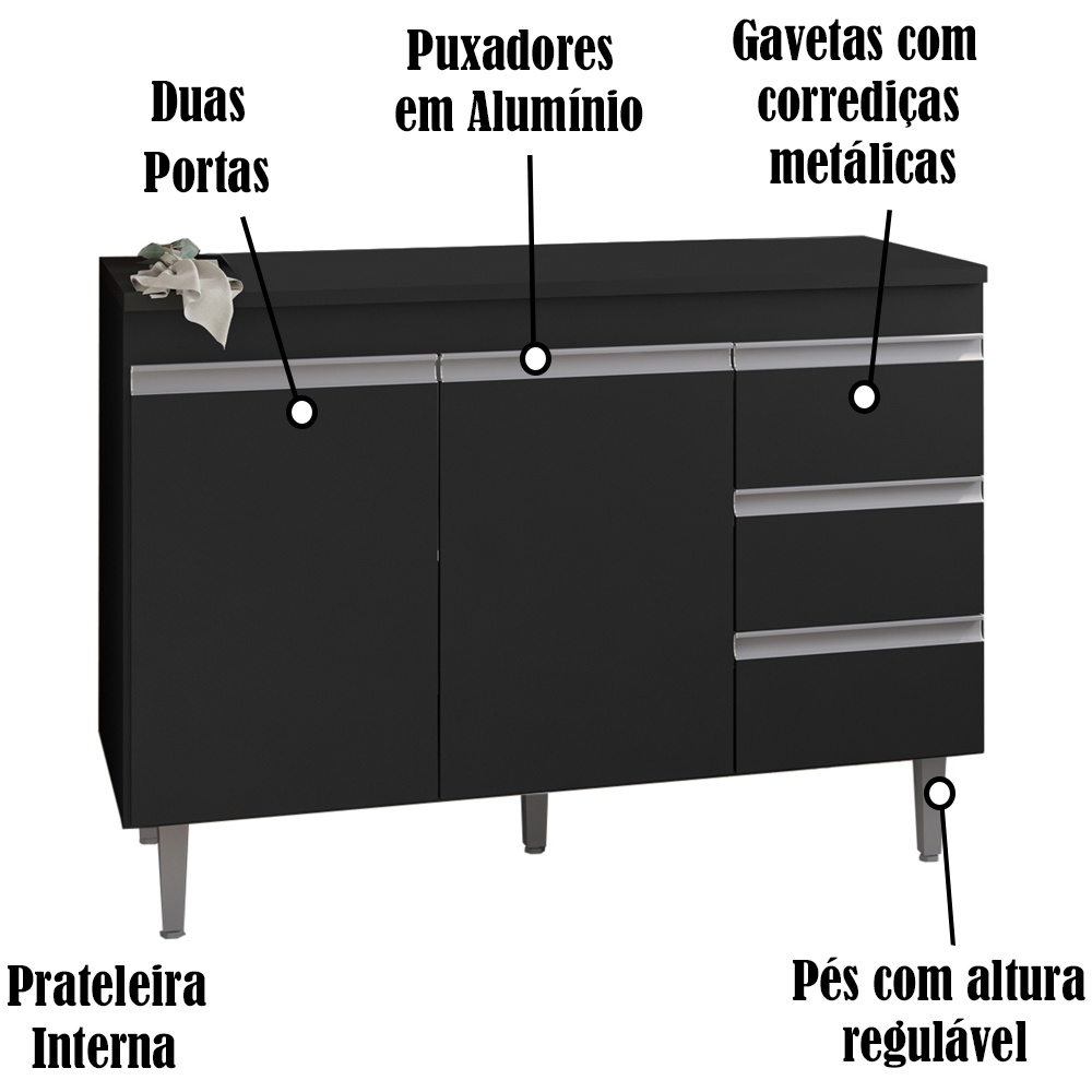Balcao Com Tampo 120 cm 2 Portas Andreia Preto REAJL