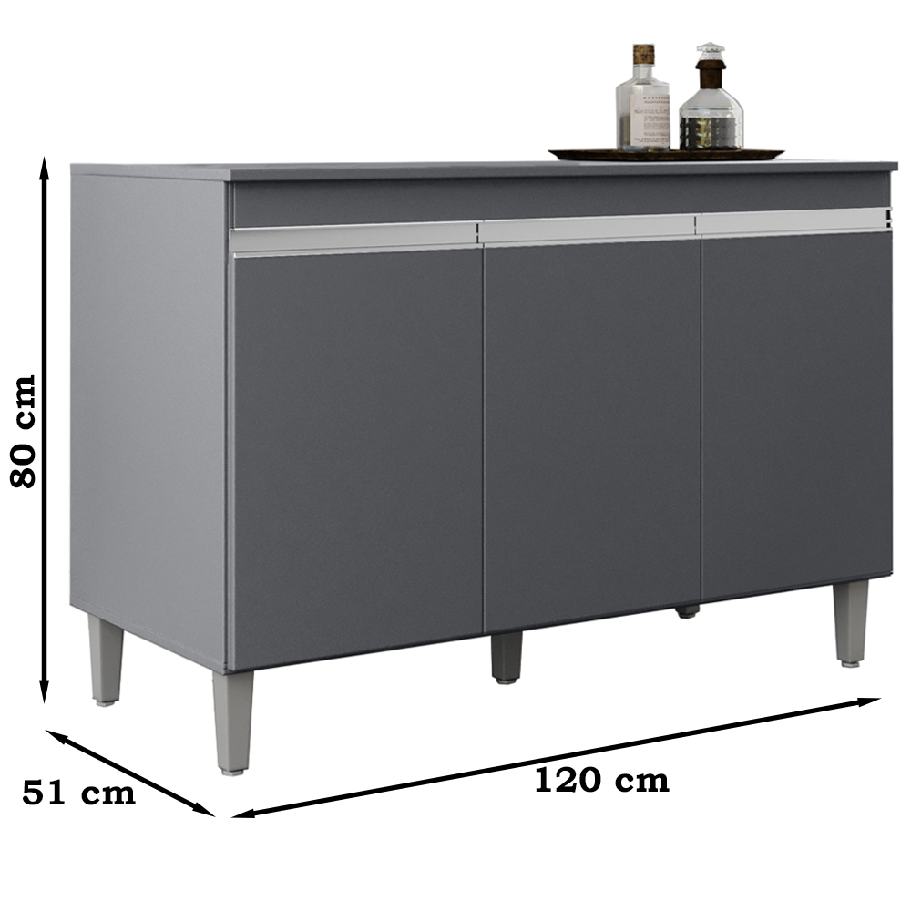 Balcao Com Tampo 120 cm 3 Portas Manu Cinza REAJL
