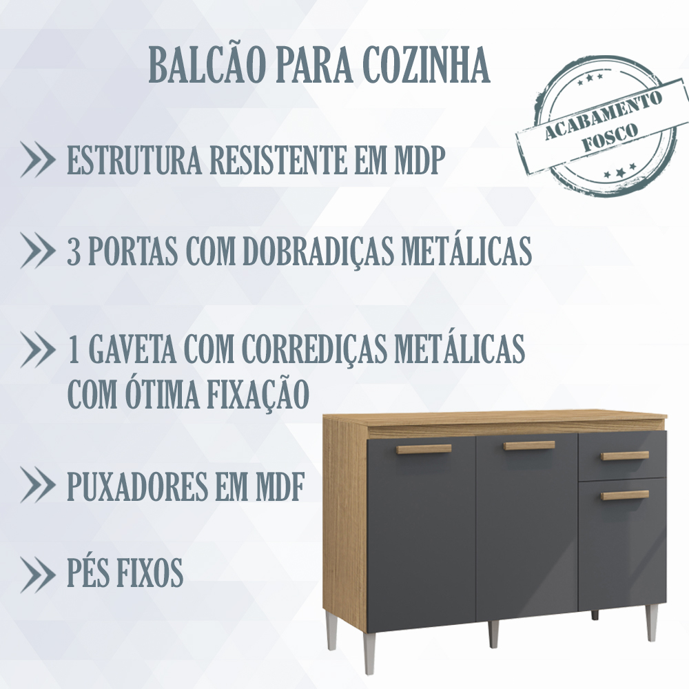 Balcao Com Tampo 120cm 2000310 Atacama Grafite ARMoveis
