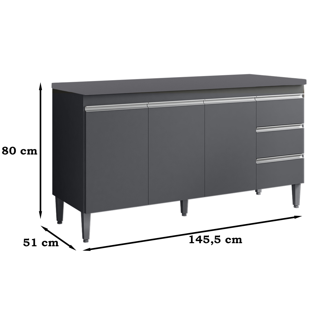 Balcao Com Tampo 150 cm 3 Portas Andreia Cinza REAJL