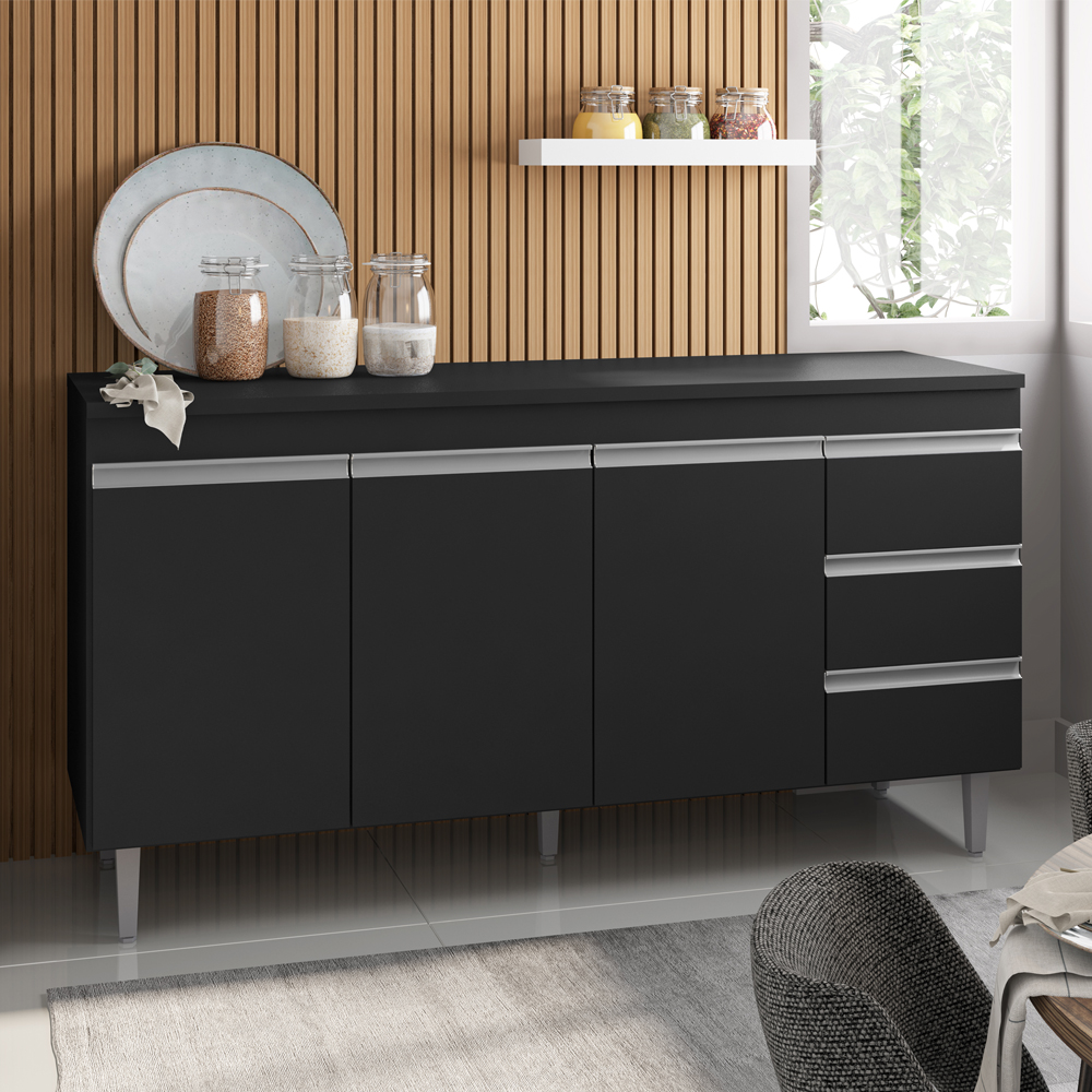 Balcao Com Tampo 150 cm 3 Portas Andreia Preto REAJL