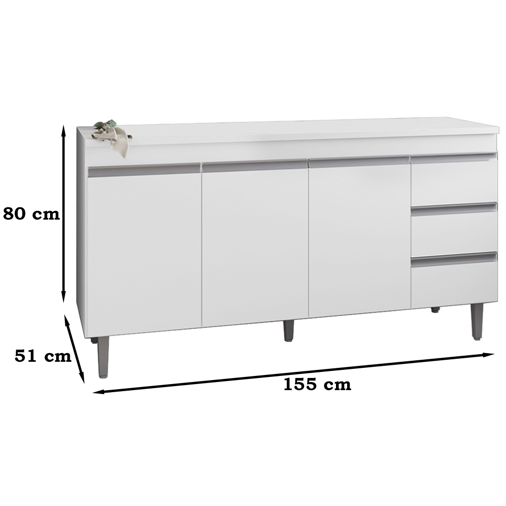 Balcao Com Tampo 160 cm 3 Portas Andreia Branco REAJL