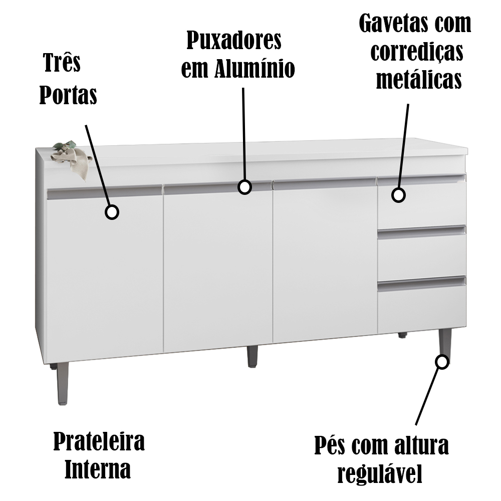 Balcao Com Tampo 160 cm 3 Portas Andreia Branco REAJL