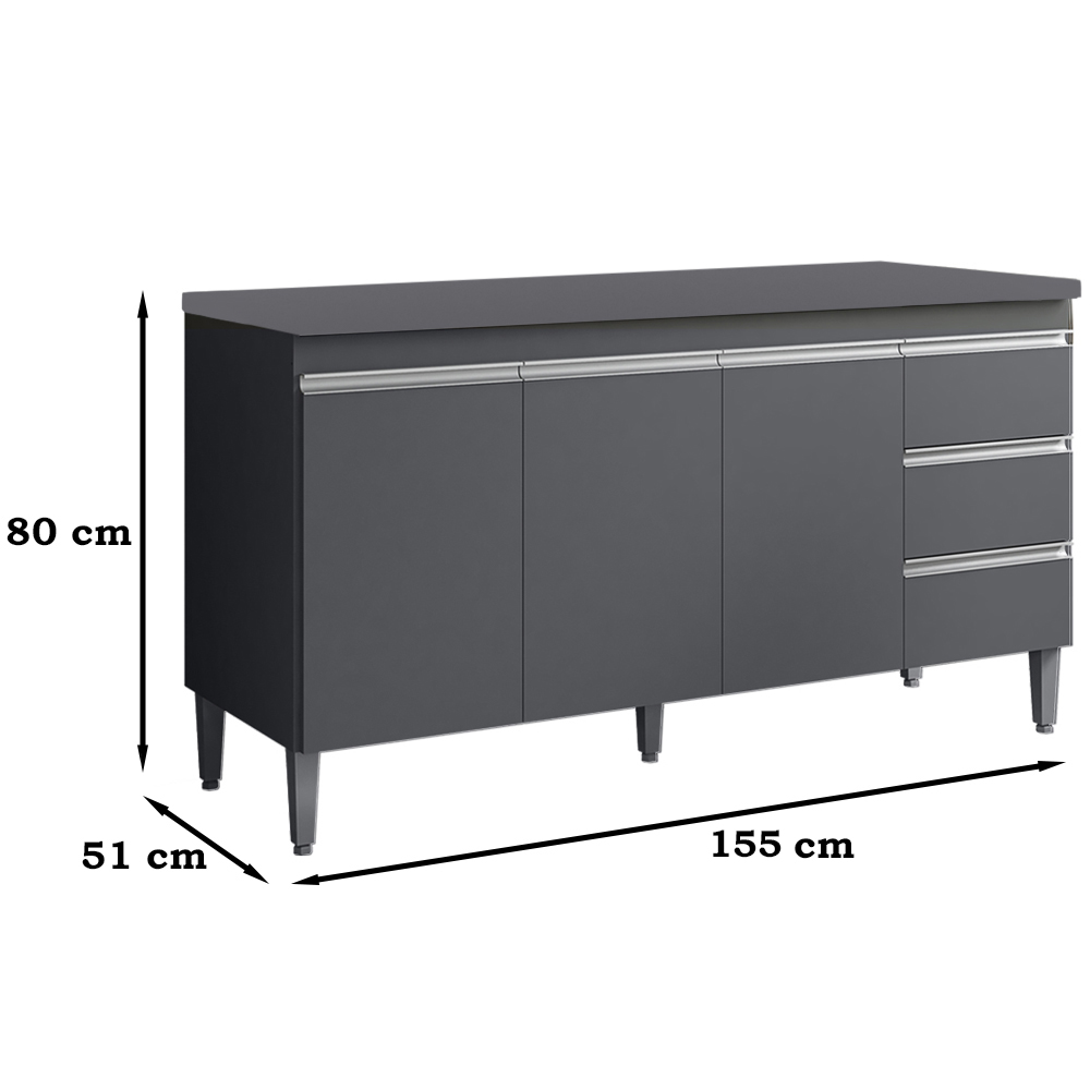 Balcao Com Tampo 160 cm 3 Portas Andreia Cinza REAJL