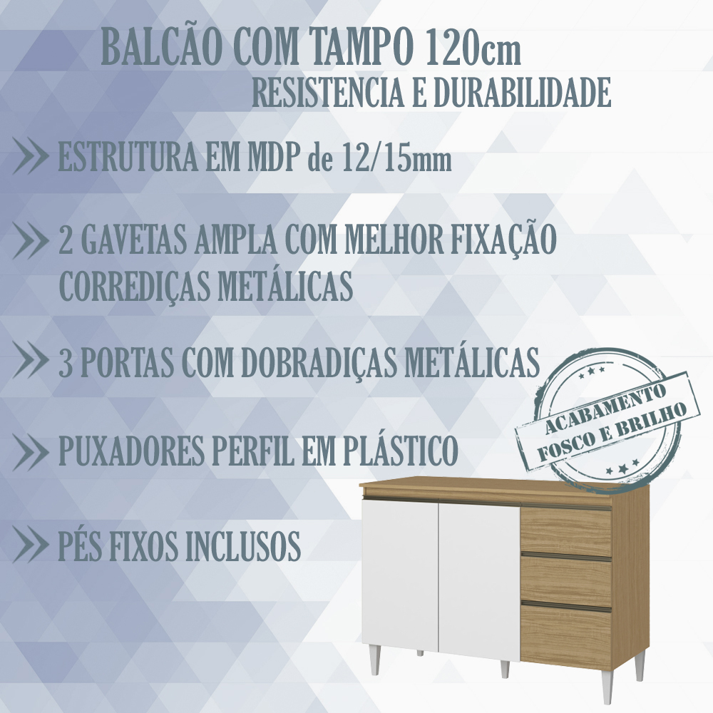 Balcao Com Tampo 3 Pts 2 Gvts 120cm 2010210 Atacama Branco ARMoveis