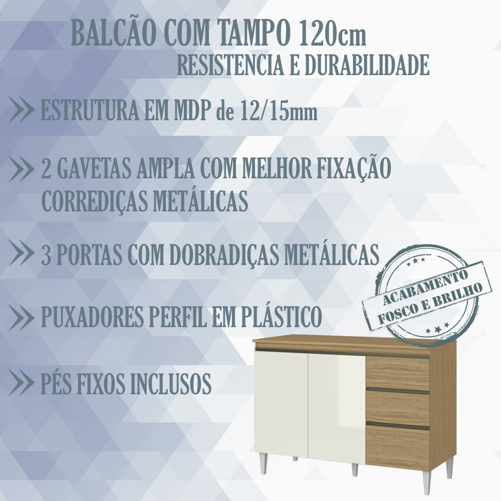Balcao Com Tampo 3 Pts 2 Gvts 120cm 2010210 Off White Atacama ARMoveis