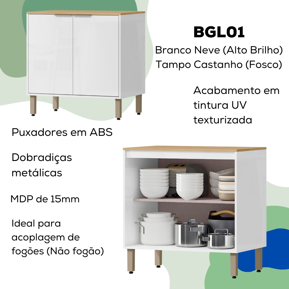 Balcao Com Tampo 80 cm 2 Pt GLOR BGL01 Branco Neve MXM